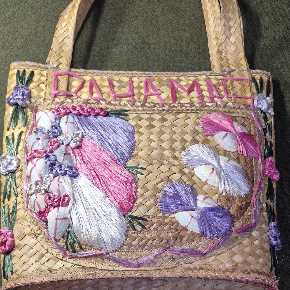 Bahamas Straw Tote Purse with Pink and Purple Embroidery Vintage